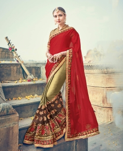 Red Fancy Fabric Embroidery Half And Half Sarees