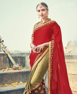 Red Fancy Fabric Embroidery Half And Half Sarees
