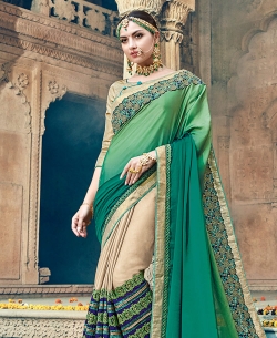 Green Fancy Fabric Embroidery Half And Half Sarees