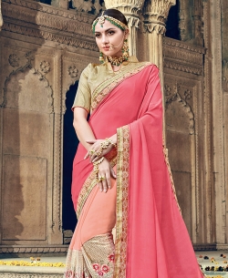 Peach Fancy Fabric Embroidery Half And Half Sarees