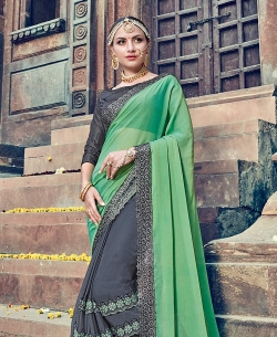 Green Fancy Fabric Embroidery Half And Half Sarees