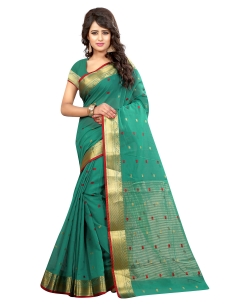 Rama Green Cotton Weaving Silk Floral Design Cotton Sarees