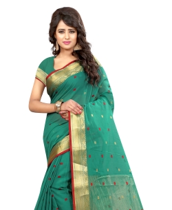 Rama Green Cotton Weaving Silk Floral Design Cotton Sarees