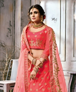 Peach Fancy China Fabric Embroidery A Line Lehengas