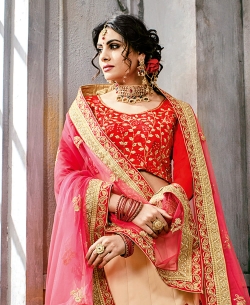 Cream Fancy China Fabric Embroidery A Line Lehengas