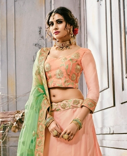 Peach Fancy China Fabric Embroidery A Line Lehengas