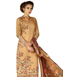 Beige Cotton Lawn Printed Straight Pant Suits