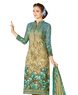 Beige And Blue Cotton Lawn Printed Straight Pant Suits