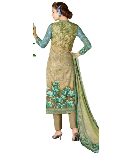 Beige And Blue Cotton Lawn Printed Straight Pant Suits