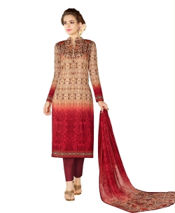 Peach And Maroon Cotton Lawn Printed Straight Pant Suits