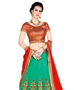 Red Banglori Silk Jacquard, Lace Border A Line Lehengas