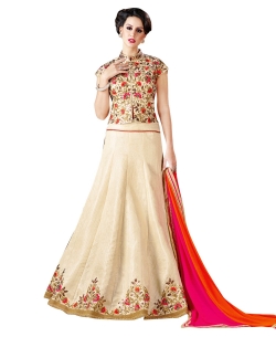 Cream Banglori Silk Resham Embrodiered, Lace Border Long Choli Lehengas