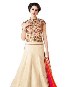 Cream Banglori Silk Resham Embrodiered, Lace Border Long Choli Lehengas