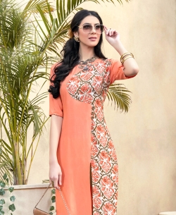 Peach Rayon Printed A Line Kurtis