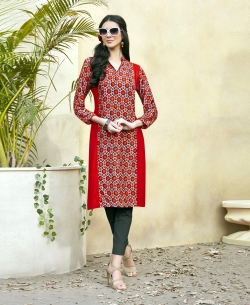 Red Rayon Printed Straight Cut Kurtis