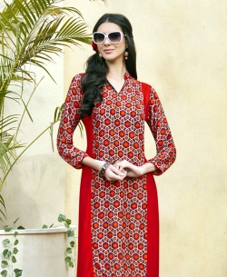 Red Rayon Printed Straight Cut Kurtis