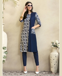 Navy Blue Rayon Printed Straight Cut Kurtis