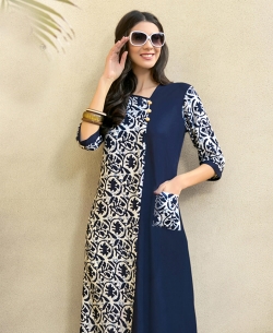 Navy Blue Rayon Printed Straight Cut Kurtis