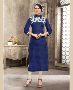 Navy Blue Khadi Cotton Printed Straight Cut Kurtis