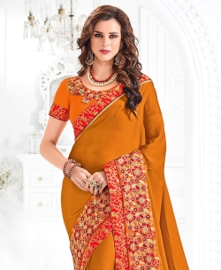 Orange Moss Chiffon Embroidery Border Sarees