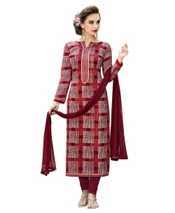 Maroon Cambric Cotton Printed, Lace Border Straight Cut Suits