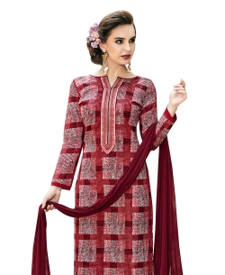 Maroon Cambric Cotton Printed, Lace Border Straight Cut Suits