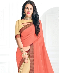 Orange And Beige Moss Chiffon Embroidery Half And Half Sarees