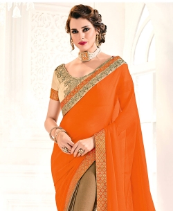Orange And Brown Moss Chiffon Embroidery Half And Half Sarees