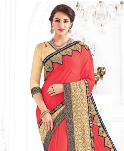 Peach Georgette Embroidery Border Sarees