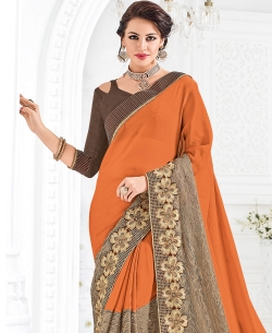 Orange And Brown Net Pattern Embroidery Border Sarees