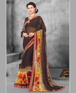 Brown Georgette Printed Regular Sarees