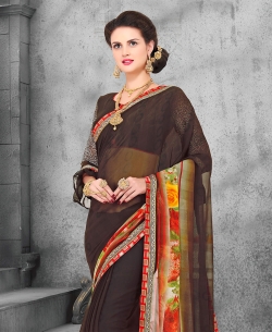 Brown Georgette Printed Regular Sarees