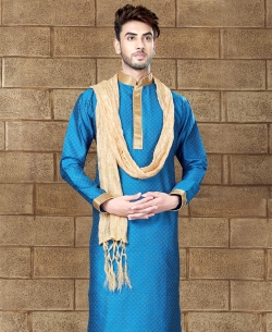 Blue Matka Silk Embroidery Kurta Pajama