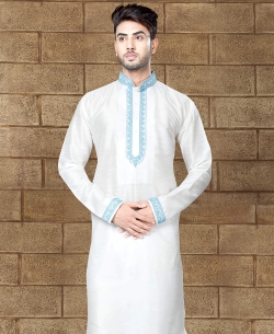 Off White Art Dupion Embroidery Kurta Pajama