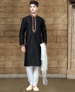 Black Art Dupion Embroidery Kurta Pajama