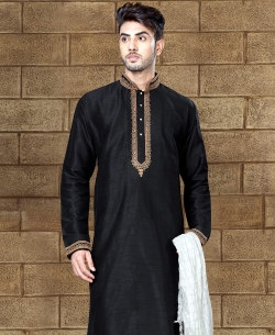 Black Art Dupion Embroidery Kurta Pajama