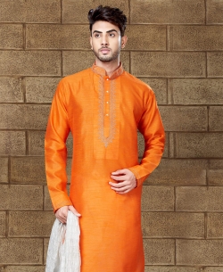 Orange Art Dupion Embroidery Kurta Pajama