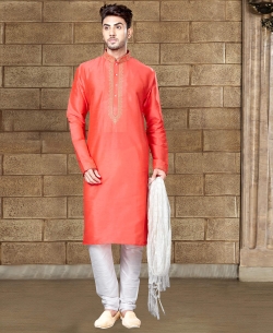 Peach Art Dupion Embroidery Kurta Pajama