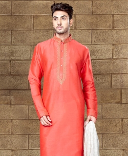 Peach Art Dupion Embroidery Kurta Pajama