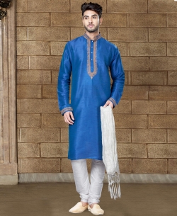 Blue Art Dupion Embroidery Kurta Pajama