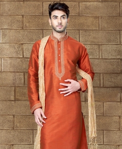 Rust Art Dupion Embroidery Kurta Pajama