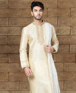 Cream NV. Silk Embroidery Kurta Pajama