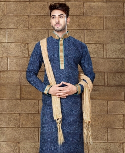 Navy Blue Bangloru Silk Embroidery Kurta Pajama