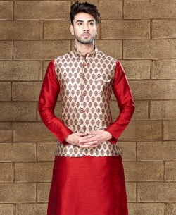 Maroon Art Dupion Plain Kurta Pajama