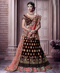 Dark Maroon 9000 Velet Embroidery A Line Lehengas
