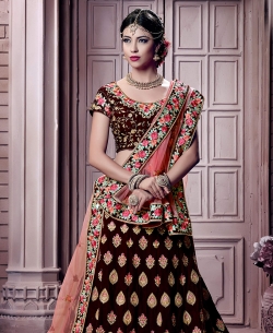 Dark Maroon 9000 Velet Embroidery A Line Lehengas