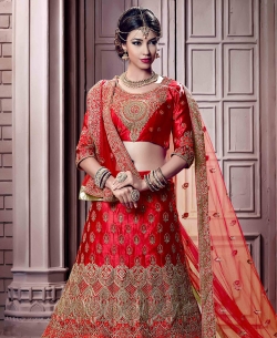 Red Devsena Satin Embroidery A Line Lehengas