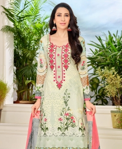 Beige Heavy Cotton Printed & Patch Work Straight Pant Suits