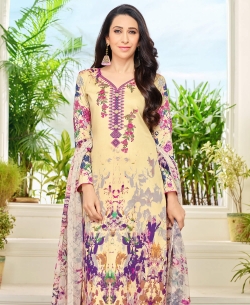 Beige Heavy Cotton Printed & Patch Work Straight Pant Suits