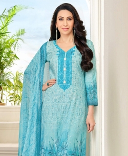 Sky Blue Heavy Cotton Printed & Patch Work Straight Pant Suits